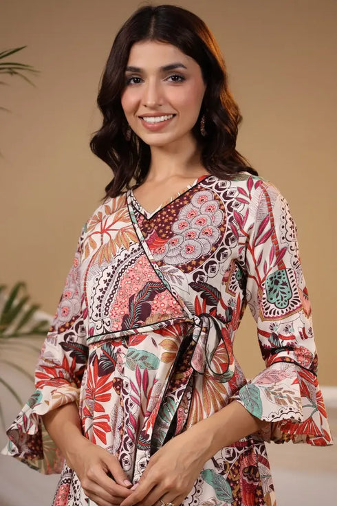 Women Tropical Printed Bell Sleeves Pure Cotton Wrap Midi Ethnic Dress